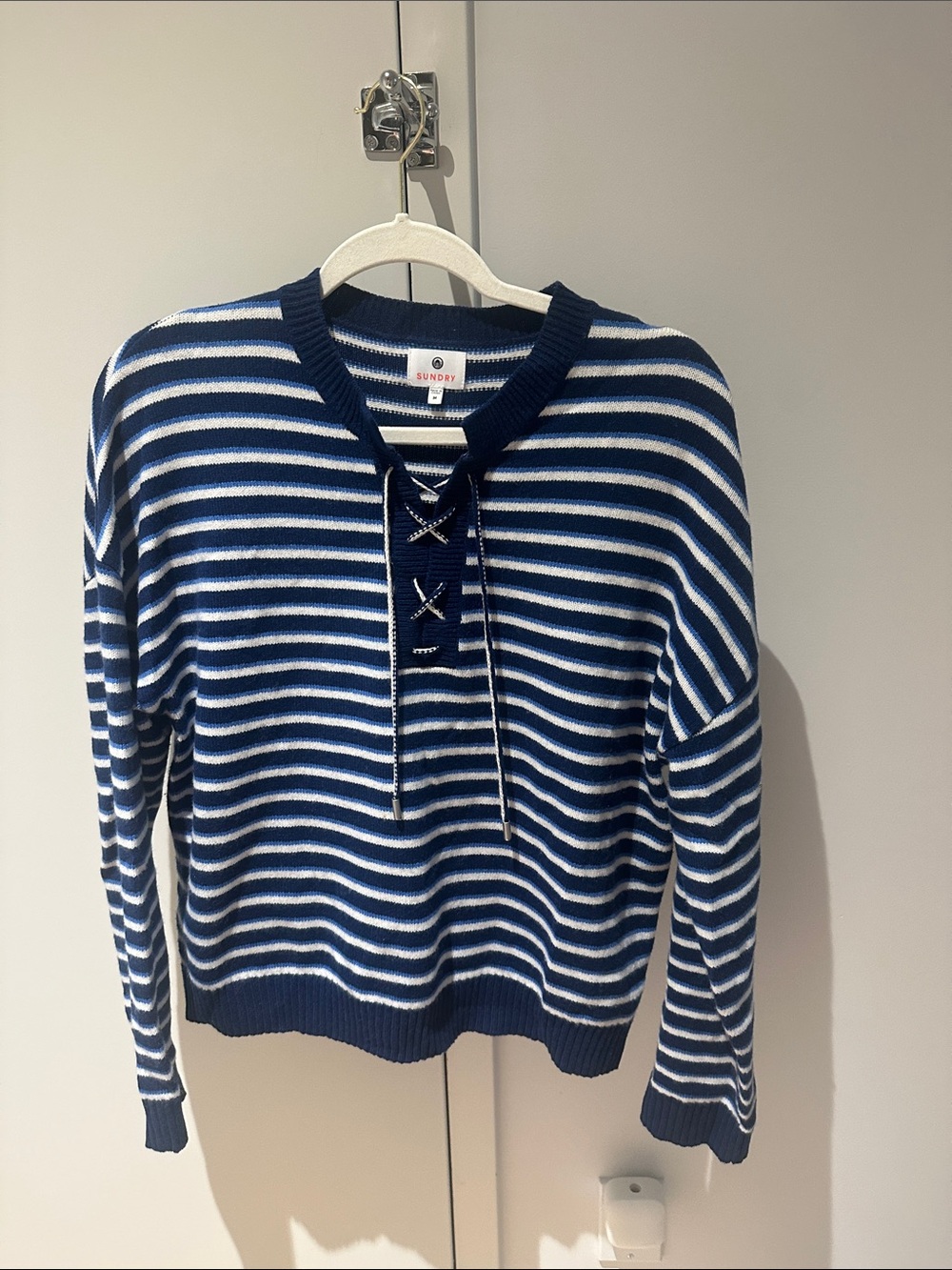Sundry Navy & White Lace-Up Striped Crew Sweater